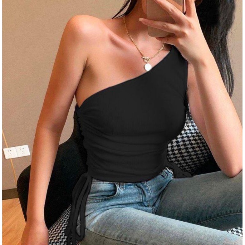 MDLV ~ Serut Top Rajut Atasan One Shoulder Serut Rajut Blouse Sexy Fashion Wanita