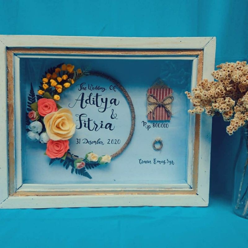 lettering frame kayu, mahar murah, buket in frame