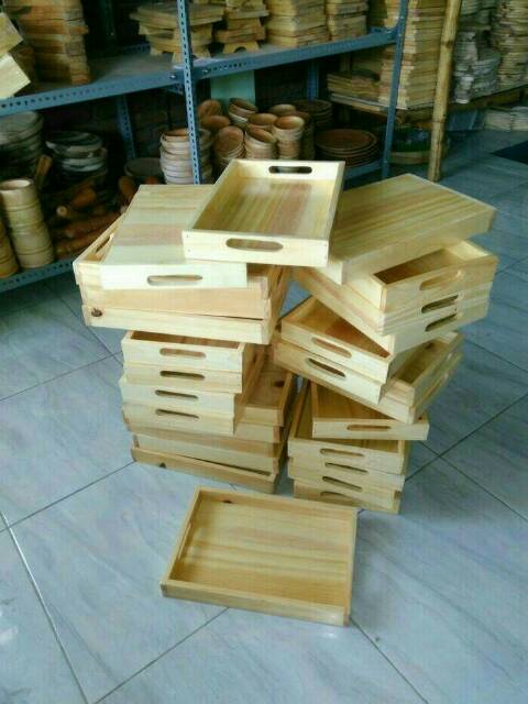 Nampan Kayu / Baki Kayu / Tray Kayu Pinus 28 x 18 cm pegangan datar