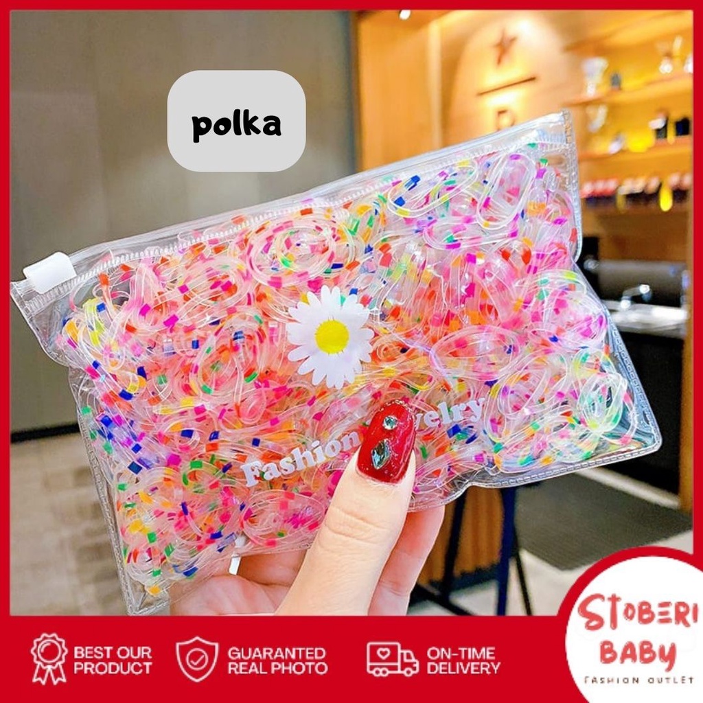PUNCAK 3.3 stoberi baby - KARET STABILO Free Pouch - 500PCS Ikat Rambut Karet Anak Jepang / Ikat Rambut Elastis / Ikat Rambut Anak Korea