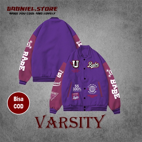 Jaket Varsity Jacket Baseball Vintage American Style Pria dan Wanita Original Purpura | Atasan Versi