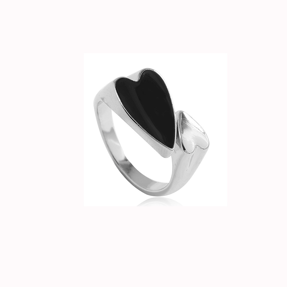 Cincin Wanita Model Terbuka Lapis Silver Desain Hati Hitam Adjustable Untuk Pesta / Hadiah