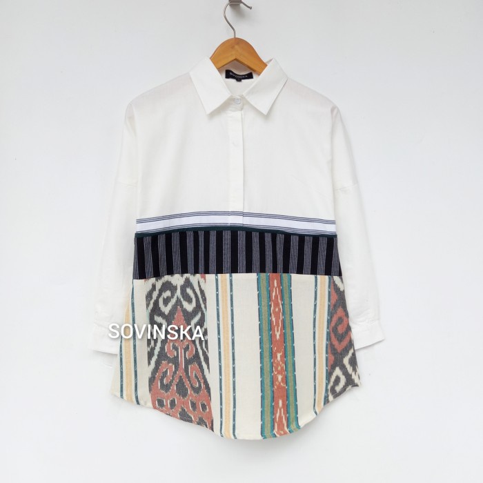 Atasan Tenun Kombinasi SB 218 Kuning,Hijau Blus Blouse BajuKerjaWanita - putih crem, S