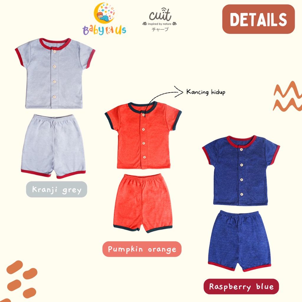 Cuit Babywear Shifu Short Sleeve Button Set - Setelan Lengan Pendek Celana Pendek Polos Lucu Bayi Unisex Furutsu Series - 0-3 3-6 6-12 bulan