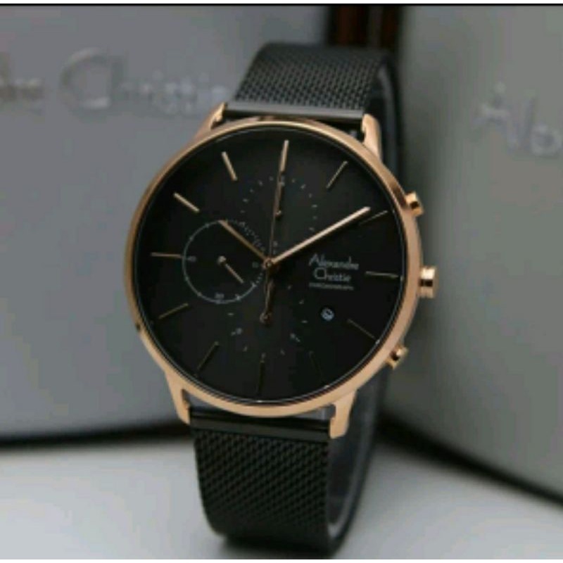 ORIGINAL JAM TANGAN PRIA ALEXANDRE CHRISTIE COWOK BLACK ROSEGOLD RANTAI ALEXANDER CRISTIE AC 6555