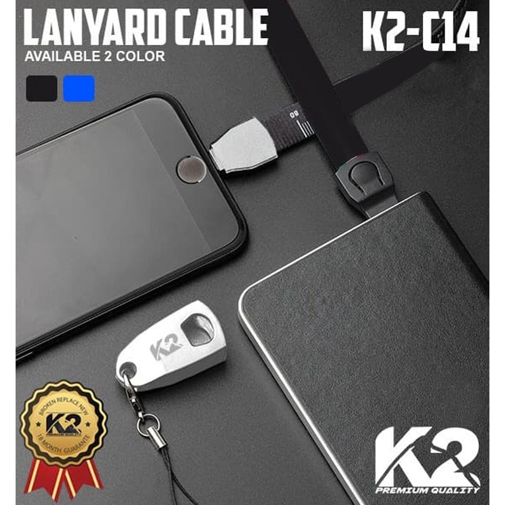 Kabel Data K2-C14 LANYARD PREMIUM QUALITY MICRO USB / IPHONE / TYPE C Fast charging 2.4A KALUNG TALI HP / NAMETAG