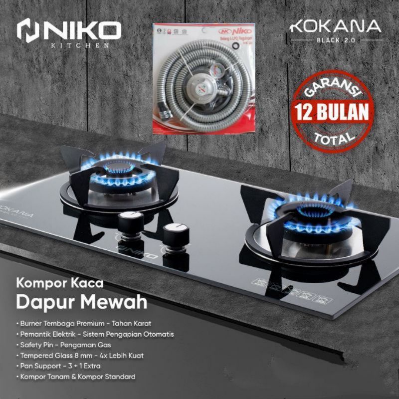 Niko Kokana Black 2.0 - 3.0 Kaca  Kompor Gas Tanam 2 tungku dan 3 tungku