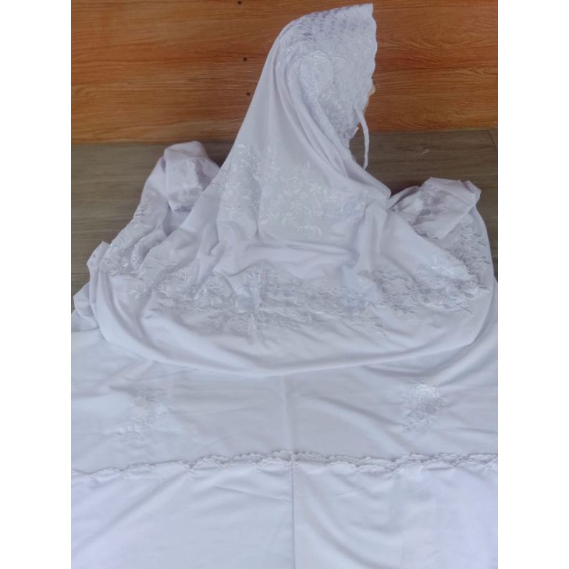MUKENA TERUSAN BORDIR PUTIH / MUKENAH LAJURAN DEWASA / MUKENA TERUSAN POLINO MOTIF  / MUKENA MURAH