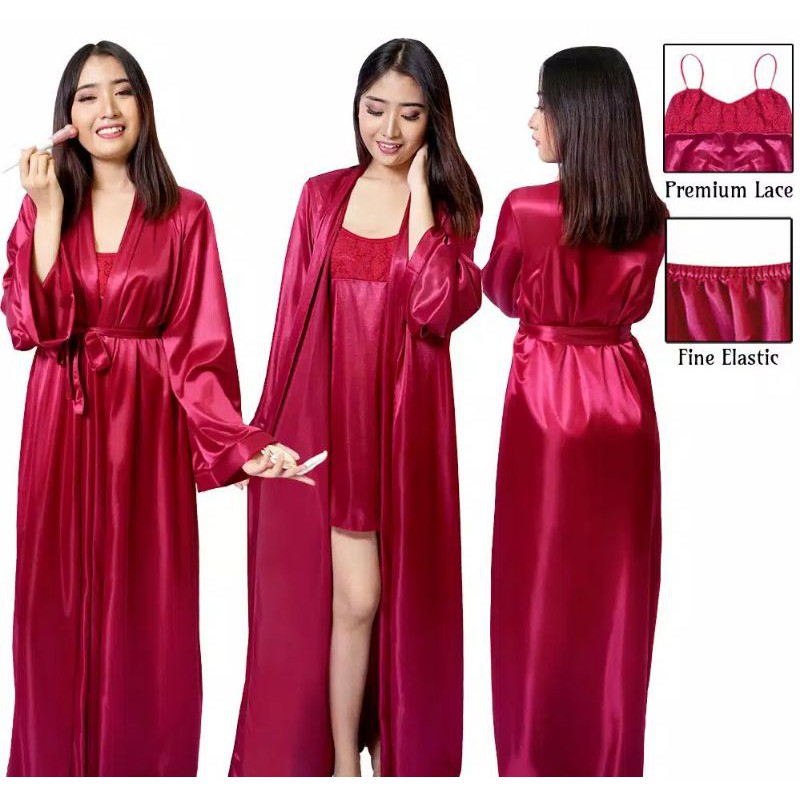 Kimono Wanita Sexy Maxi set Inner Tank Top Satin Maroon 1272MSET
