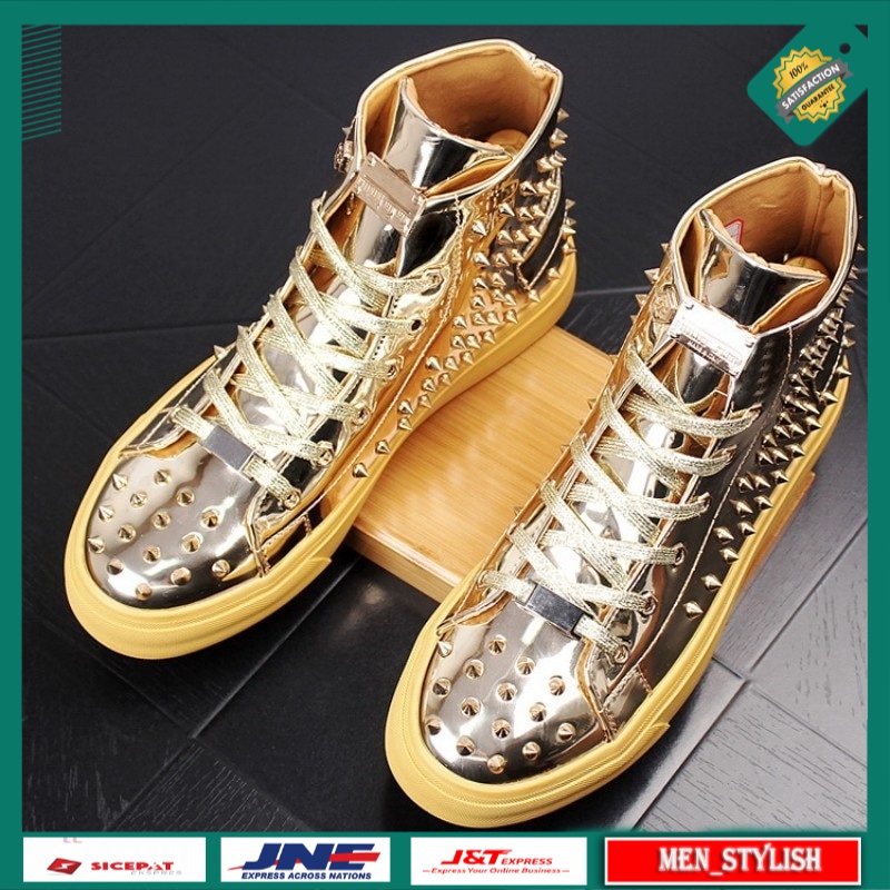 Sepatu Fashion Pria Import luxe Rivets men's ankle boots,high tops for men,high casual leather shoes