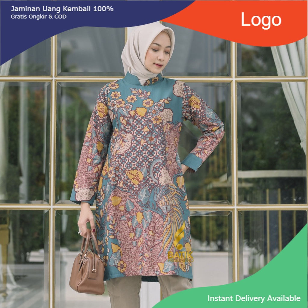 Atasan Batik Prabuseno Original - Motif Merak Indah Tunik Batik Wanita Lengan Panjang bahan katun Pr