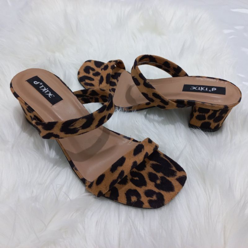 Sandal Wanita Sandal heels 5cm double strap leofard NW 01