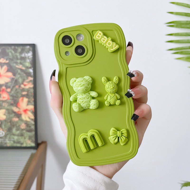 Soft Case Matte Motif Mustard Green Bear Bunny Untuk iPhone 14 Plus 12 13 14 Pro Max