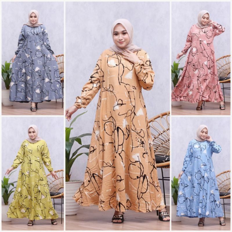 GAMIS TWILL ORI MOTIF ABSTRAK RESLETING DEPAN BUMIL FRIENDLY DRESS WANITA KEKINIAN ADEM MURAH