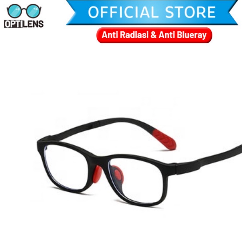 Optilens - Aluna Series Kacamata Anak Anti Radiasi Hp Komputer Antiradiasi Frame Elastis-Lunar Black Red