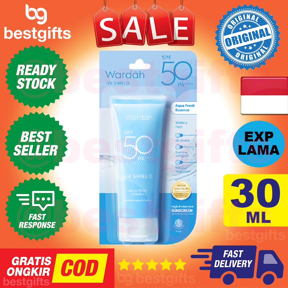 WARDAH UV SHIELD AQUA FRESH ESSENCE SPF 50 SUNSCREEN WAJAH MENGHIDRASI MUKA TANPA ALKOHOL 30 ML