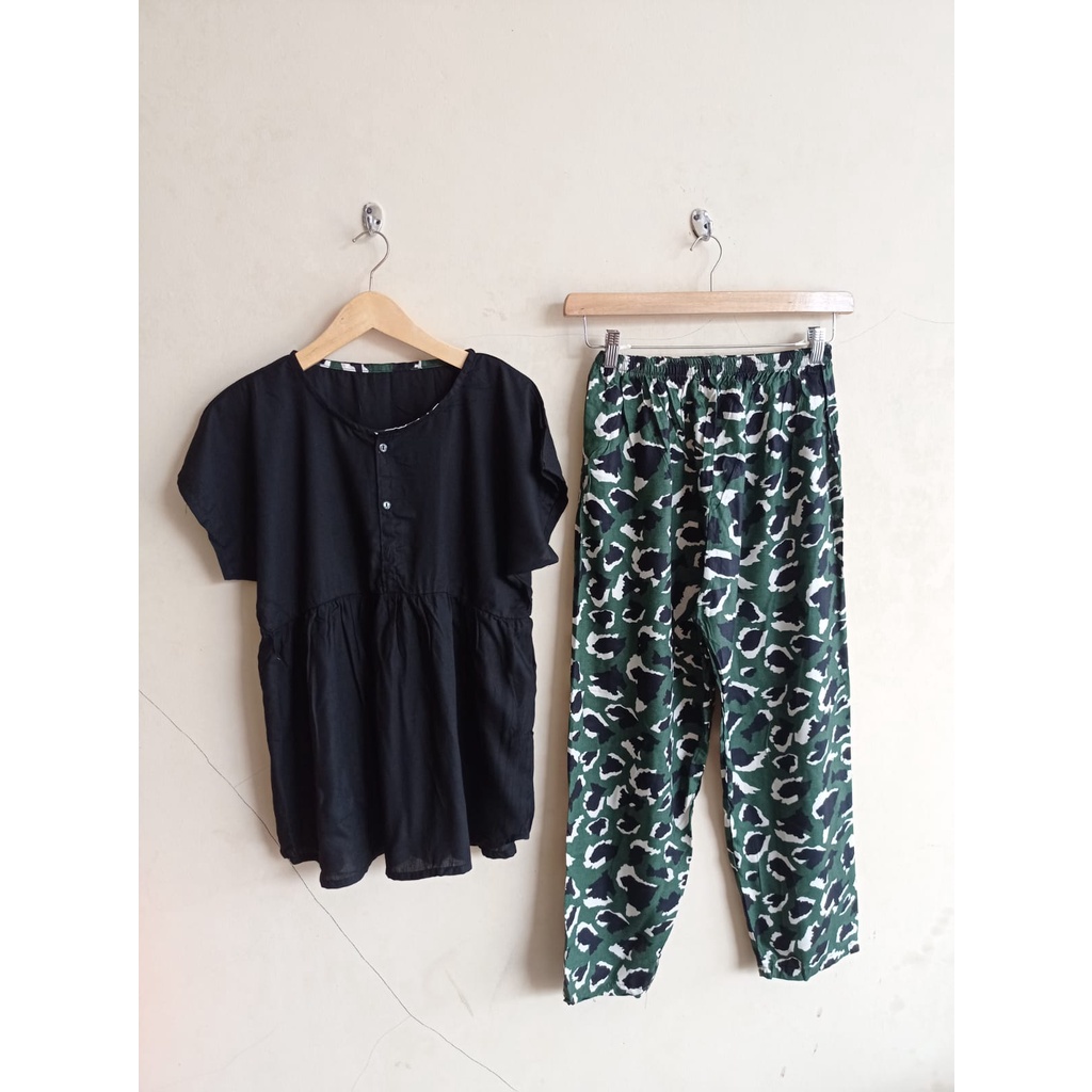 SETELAN BAJU TIDUR PIYAMA WANITA ONE SET PAJAMAS RUFFLE KANCING BUSUI CELANA PANJANG-BBR 35