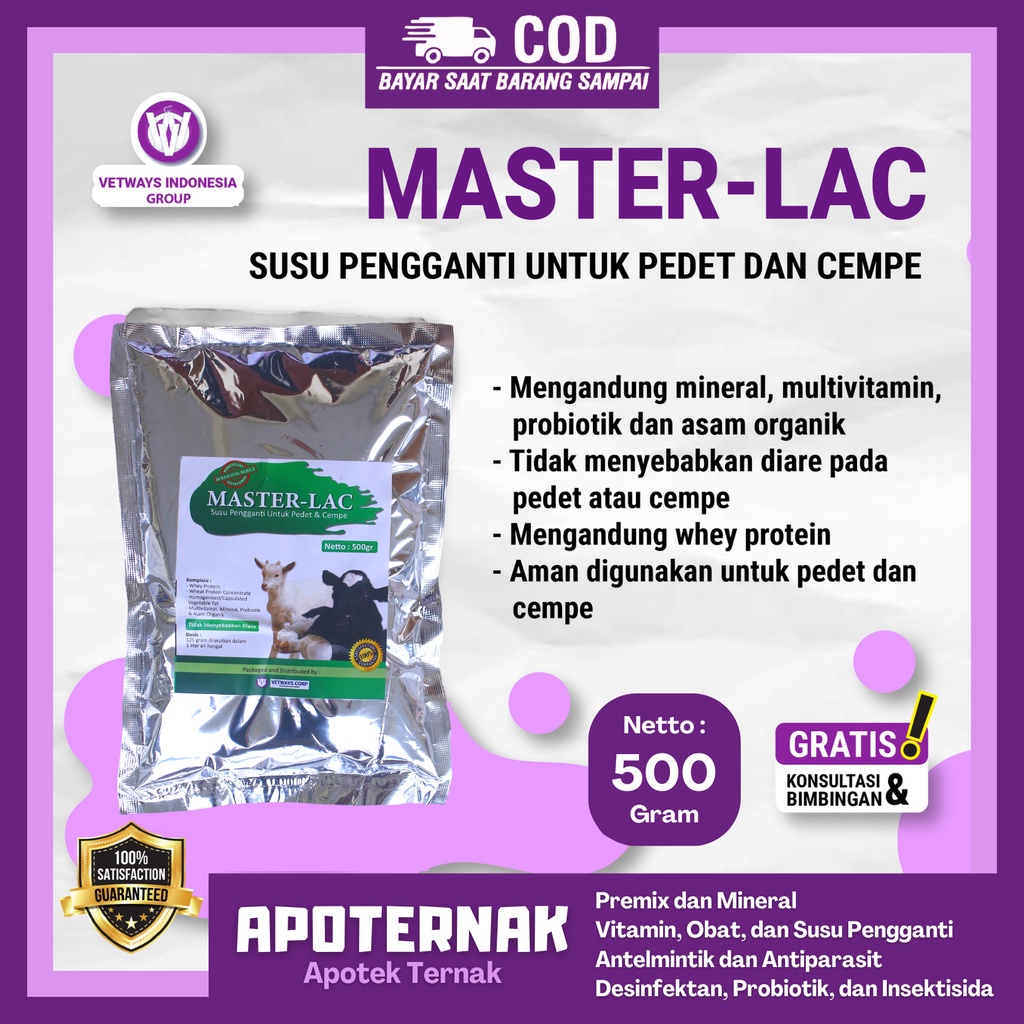 MASTERLAC 500 gr Anti Mencret | Susu Pengganti Susu Sambung Induk Sapi Kambing Domba Anti Diare | Susu Pedet Cempe | Kalvolac, Vetways Lac | Apoternak