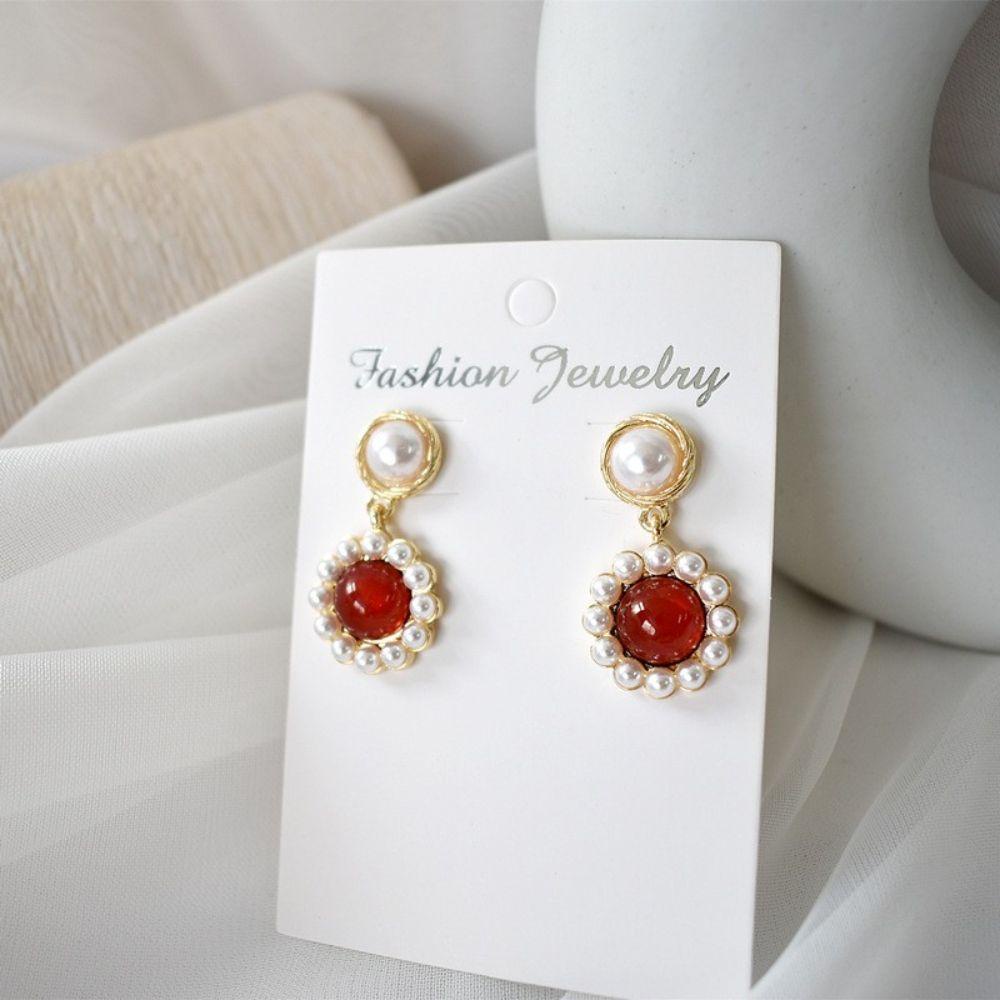 Mxbeauty Ruby Mutiara Liontin Anting Wanita Cantik Fashion Cocok Telinga Perhiasan Hadiah Yang Indah Temperamen Gaya Korea Anting