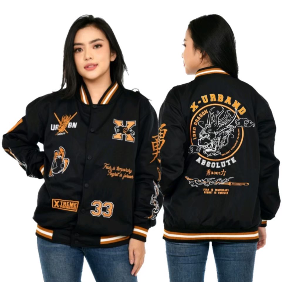 JAKET VARSITY X URBAN ORIGINAL FULL BLACK/JAKET SUKAJAN PRIA WANITA FULL BORDIR