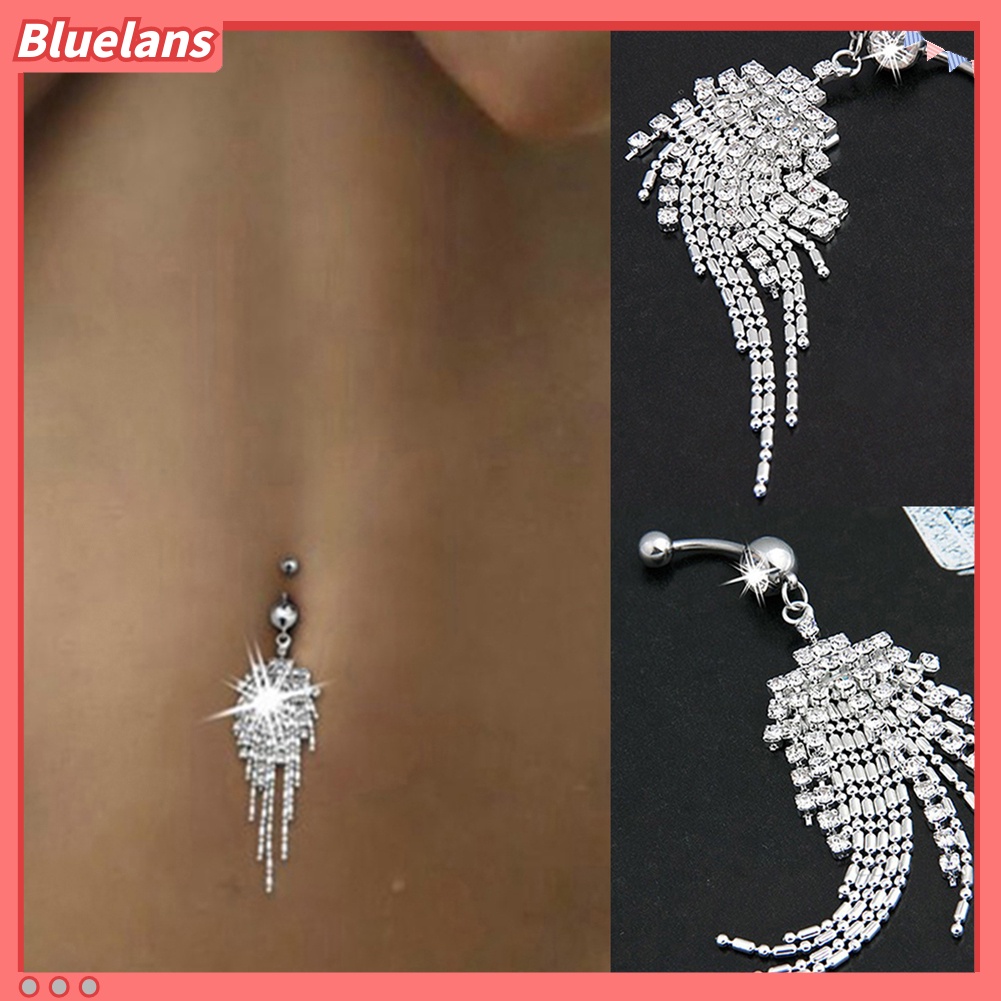 Bluelans Women Rhinestone Tassel Long Chain Dangle Navel Bar Button Belly Ring Jewelry