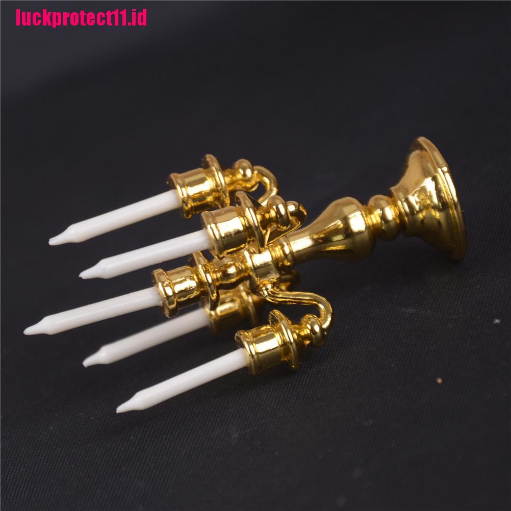 Lucktoy Mainan Miniatur Candelabra Emas + 5 Lilin Putih Skala 1: 12 Untuk Dekorasi Rumah Boneka