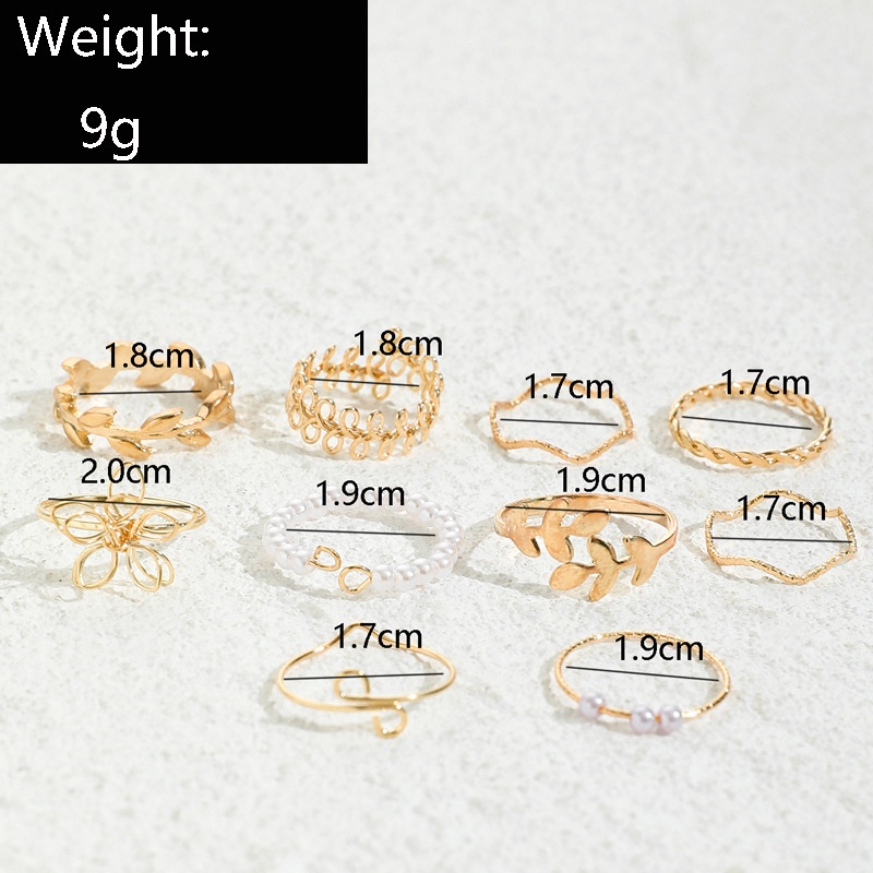 YEEZII 10pcs / Set Cincin Emas Model Terbuka Dapat Disesuaikan Bentuk Bunga Irregular Aksen Mutiara Gaya Retro Untuk Wanita