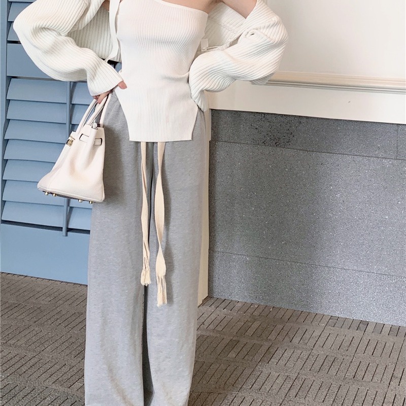 celana casual wanita loose wide leg celana panjang serut high waist straight leg lounge pants