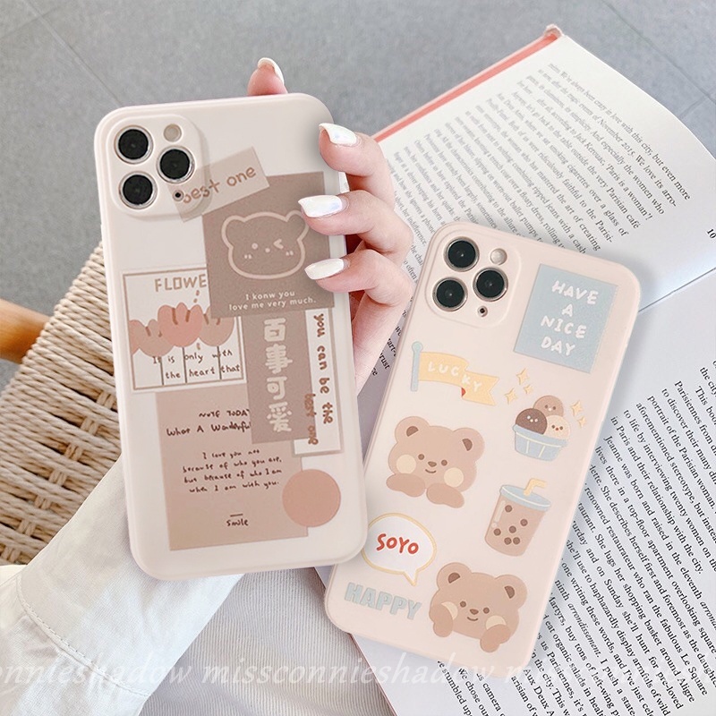 Ins Batu Putih Lucu Susu Teh Beruang Soft Tpu Case Kompatibel Untuk Iphone14 11 12 13 Pro Max 6 6S 7 8 Plus iPhone XR X XS Max 14Pro SE 2020 Kubus Lurus Soft Case