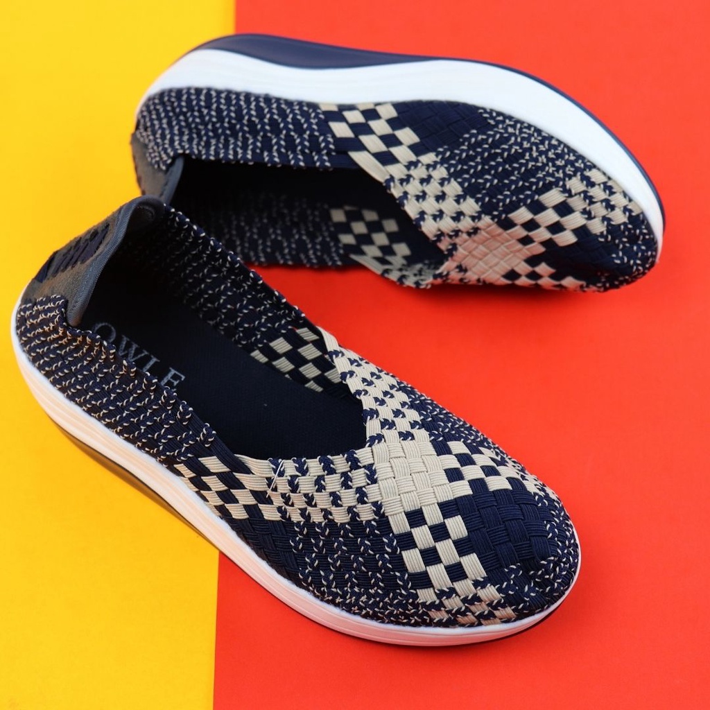 Sepatu Wanita Fashion Wedges Rajut Import OWLE Navy