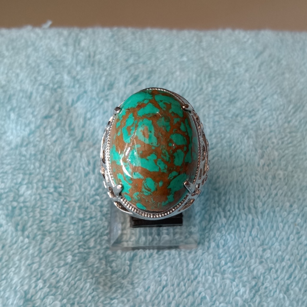 Cincin Batu Akik Pirus Hijau Serat Emas