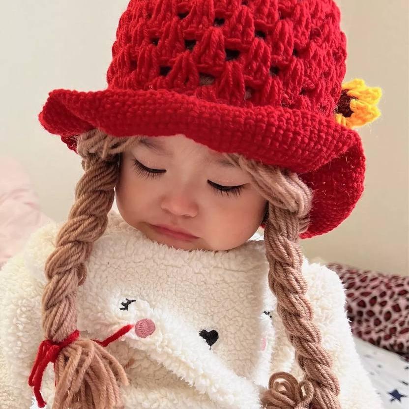 9.9 [BISA COD] Topi Kupluk Renda Bayi Kepang Rambut / Baby Hat Wig TERMURAH