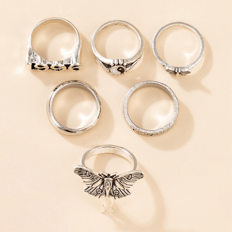 Fancyqube 6pcs / Set Cincin Desain Kupu-Kupu Tulisan 1996 Tai Chi Warna Silver Gaya Vintage Untuk Pria Dan Wanita