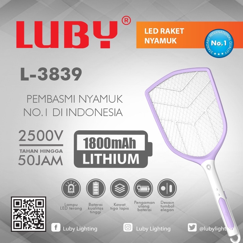 Raket Nyamuk cas Luby L-3839 + Lampu LED terang Tahan 50 Jam