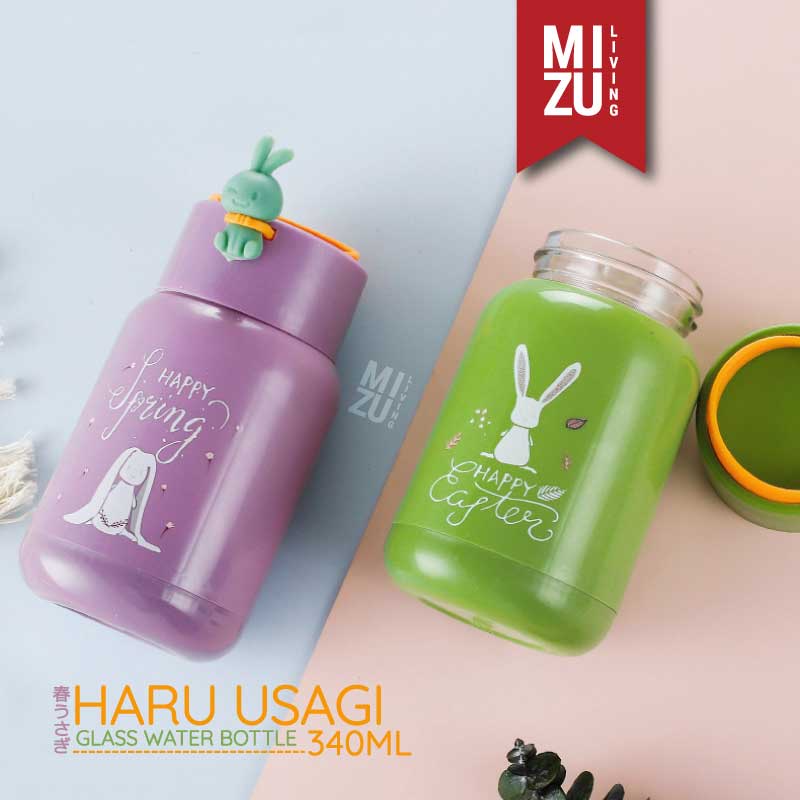 MIZU HARU USAGI Glass Water Bottle Botol Air Minum Kaca BPA-Free Tumbler Kelinci Anak