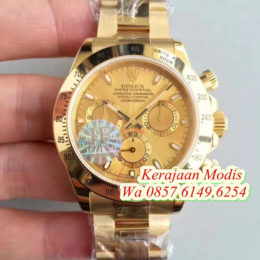 Import ROLEX DAYTONA 116508 SWISS CLONE 1.1 JF YELLOW GOLD PLATED Garansi 1th