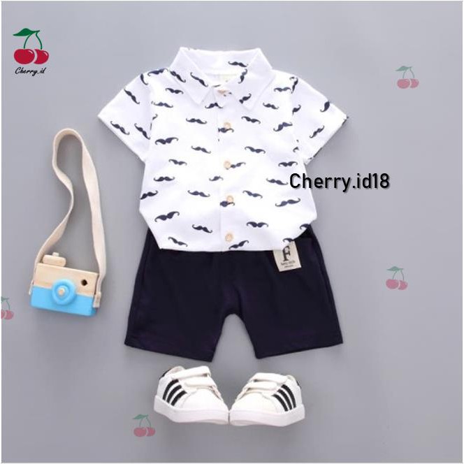 (6Bln-3Thn) COD Setelan Kemeja Anak Laki-Laki / Set Baju Kemeja Anak Import / Setelan Kemeja Anak Import - Motif Kumis KB13