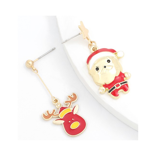 LRC Anting Tusuk Natal Fashion Santa And Deer Alloy Drip Oil Santas Elk Earrings P14699