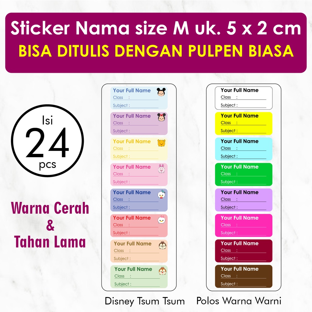 

Stiker Label Nama Anak Custom Ukuran M isi 24 pcs Sticker HVS Bisa Ditulis Kelas dan Mata Pelajaran Stiker Pensil Warna Label Pensil Label Botol Minum sticker tempat makan stiker mainan stiker buku stiker kalkulator Warna Warni Disney Tsum Tsum karakter