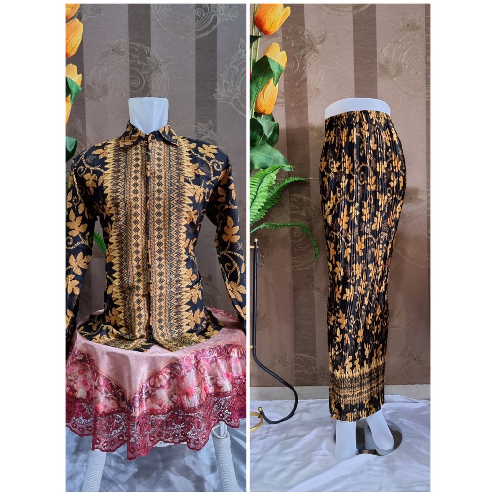 Kemeja Couple Batik Lengan Panjang dan Rok Plisket | Sale Kemeja Premium | Kemeja Semi Sutra | Couple Rpk Plisket dan Kemeja HEM Batik dan Rok Plisket Batik Maxi JUMBO