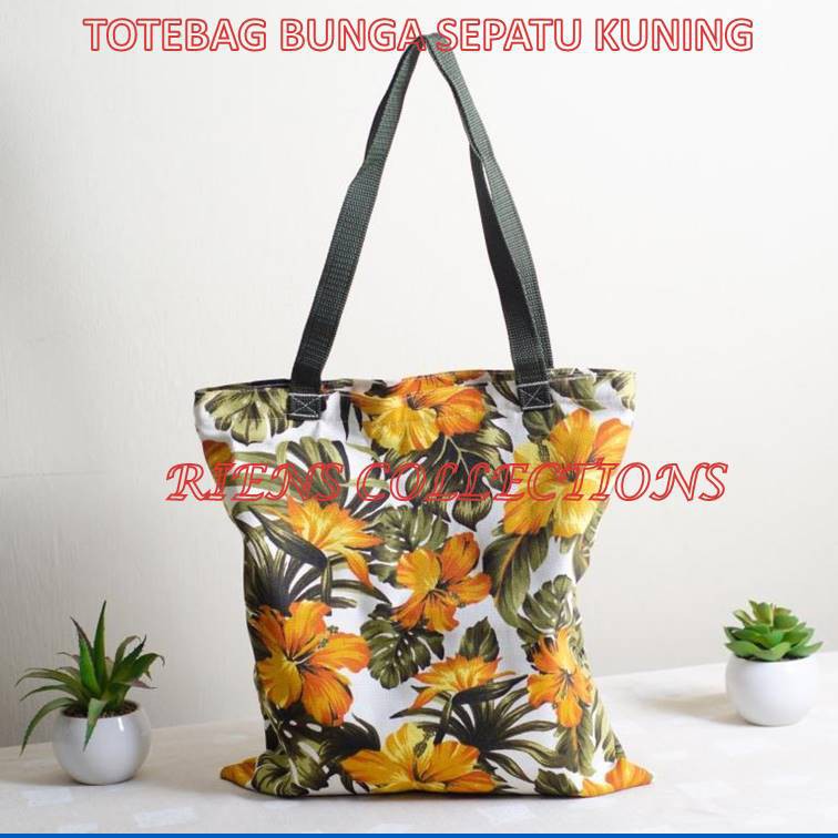 TOTEBAG KANVAS MOTIF BUNGA SEPATU KUNING Riens Collections. Tas Kanvas Tas Jogja Tas Souvenir Jogja