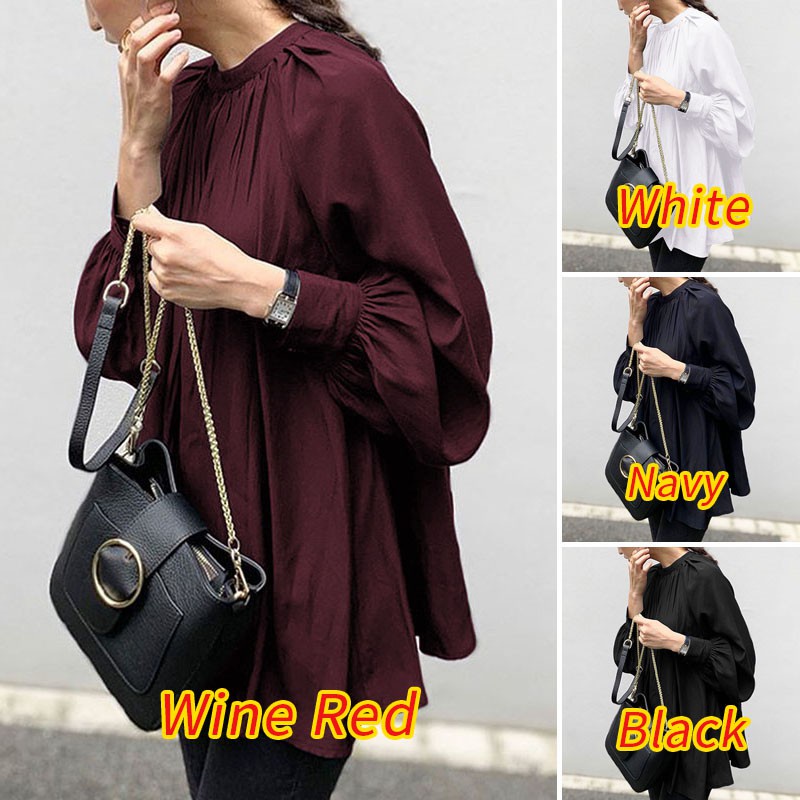 ZANZEA Women Vintage Solid Color Collared Puff Sleeve Blouse