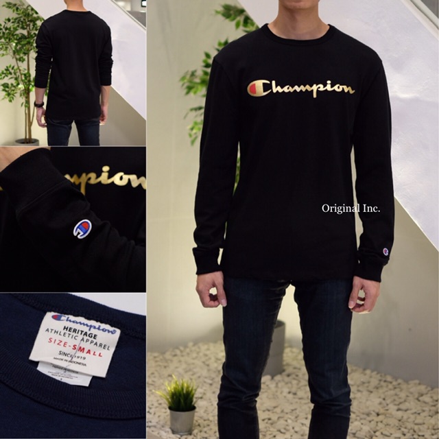 champion heritage long sleeve tee with gold script