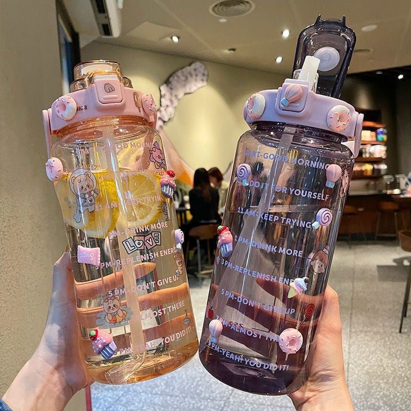 Botol minum Jumbo 2 LITER Motivasi Penanda waktu Tritan Quifit Handle BENING 2000ML - Botol Minum 2L