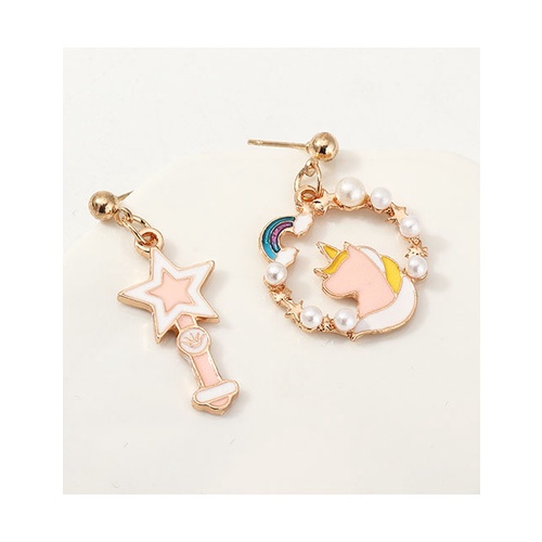 LRC Anting Tusuk Fashion Pink Unicorn Pentagram Pearl Rainbow Drop Oil Stud Earrings K01106