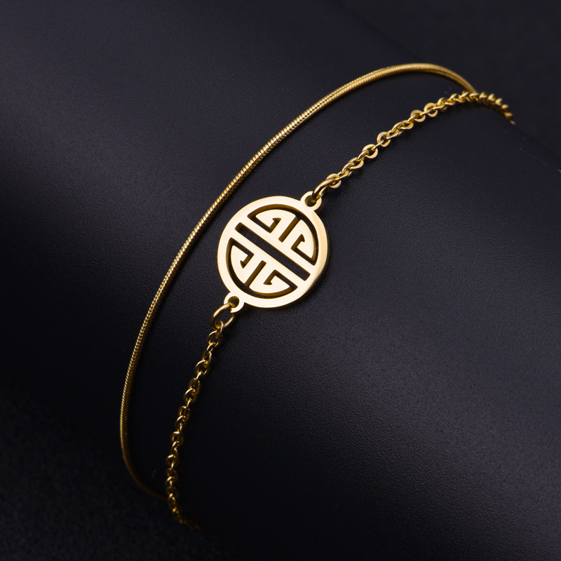 Tiktok Gelang Titanium Steel Lapis Emas 18K Motif Karakter Cina Fu Untuk Pasanganpriawanita