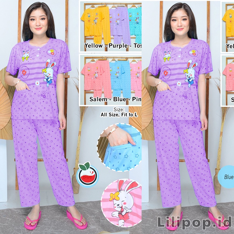 Baju Tidur Stelan Wanita Celana Panjang Baby doll Dewasa Piyama Allsize Cp Lilipop Sleep Wear-Rabbit ungu