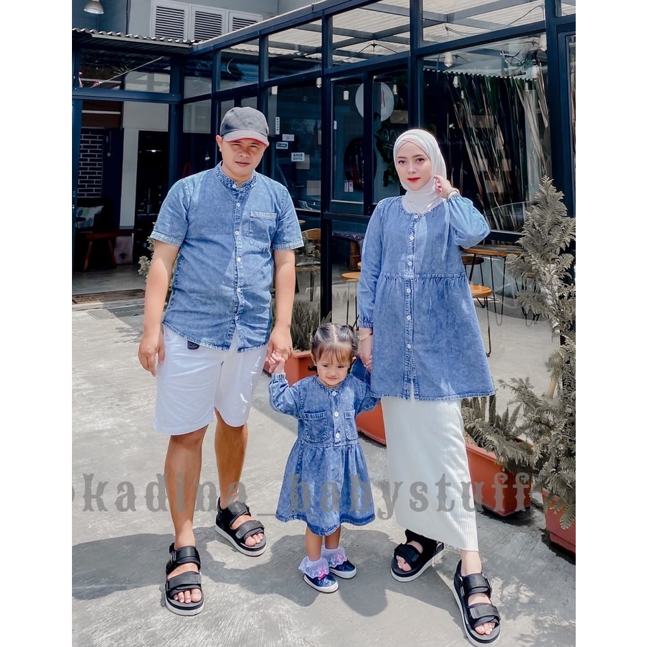 ✸(Harga Satuan) KEMEJA JEANS COUPLE KELUARGA/ DRESS JEANS ANAK PEREMPUAN/ KEMEJA JEANS SNOW WASH BLU