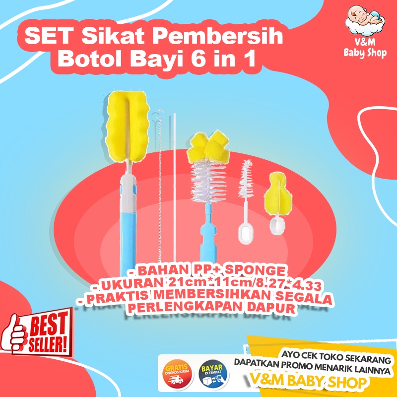 VnM077 | SET Sikat Pembersih Botol Bayi 6 in 1 / Baby Bottle Brush Cleaning Set All Kinds / Spons Pembersih Botol Susu Bayi