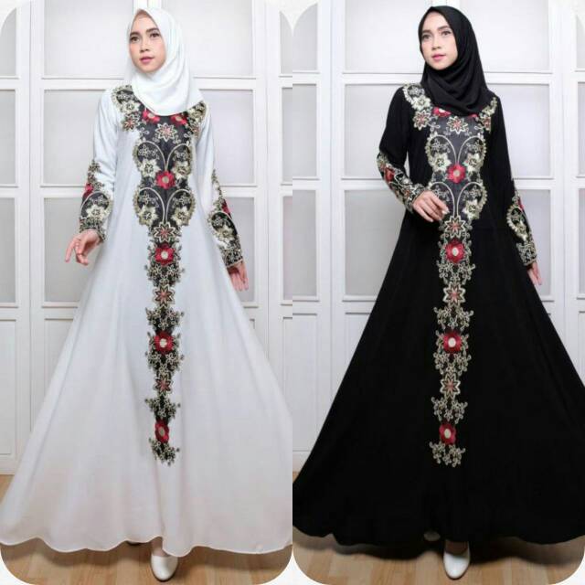 READY BRANDED ORIGINAL GAMIS SYARI NC 178 Putih White / Hitam Black Bordir